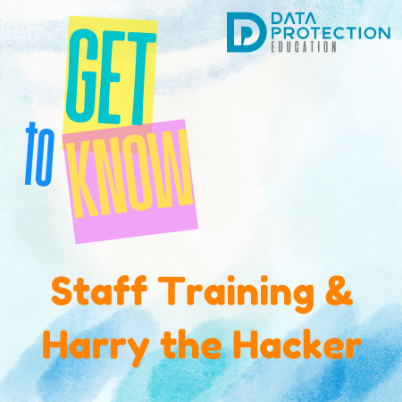graphic showing Get to Know in bright colours with the Harry the Hacker signature and look and find graphic